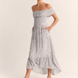 Abercrombie & Fitch Off-Shoulder Smocked Maxi Dress in Blue/White Stripe Medium